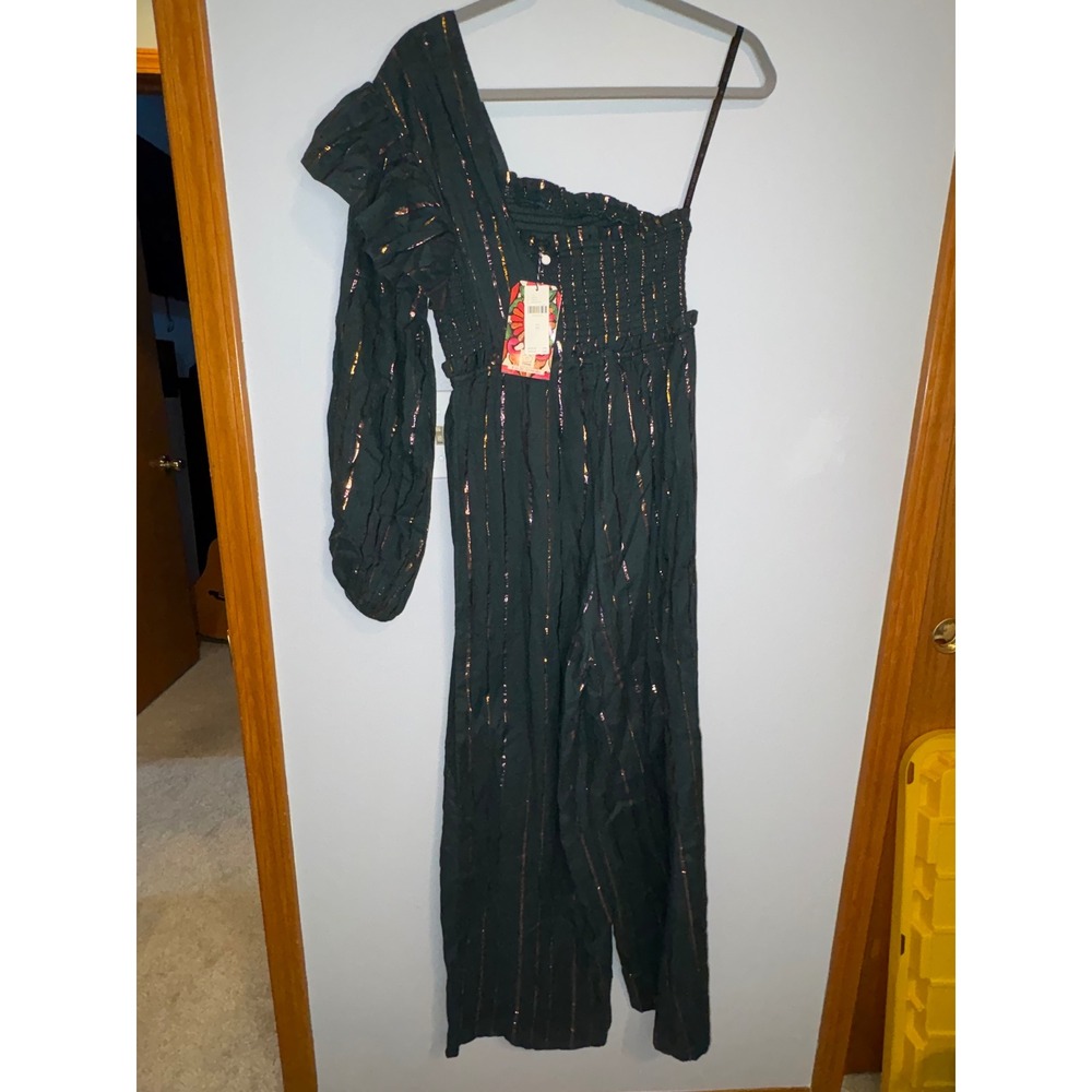 Farm Rio Anthropologie Green Metallic Striped One Shoulder Wide Leg Jumpsuit NEW - Picture 3 of 10